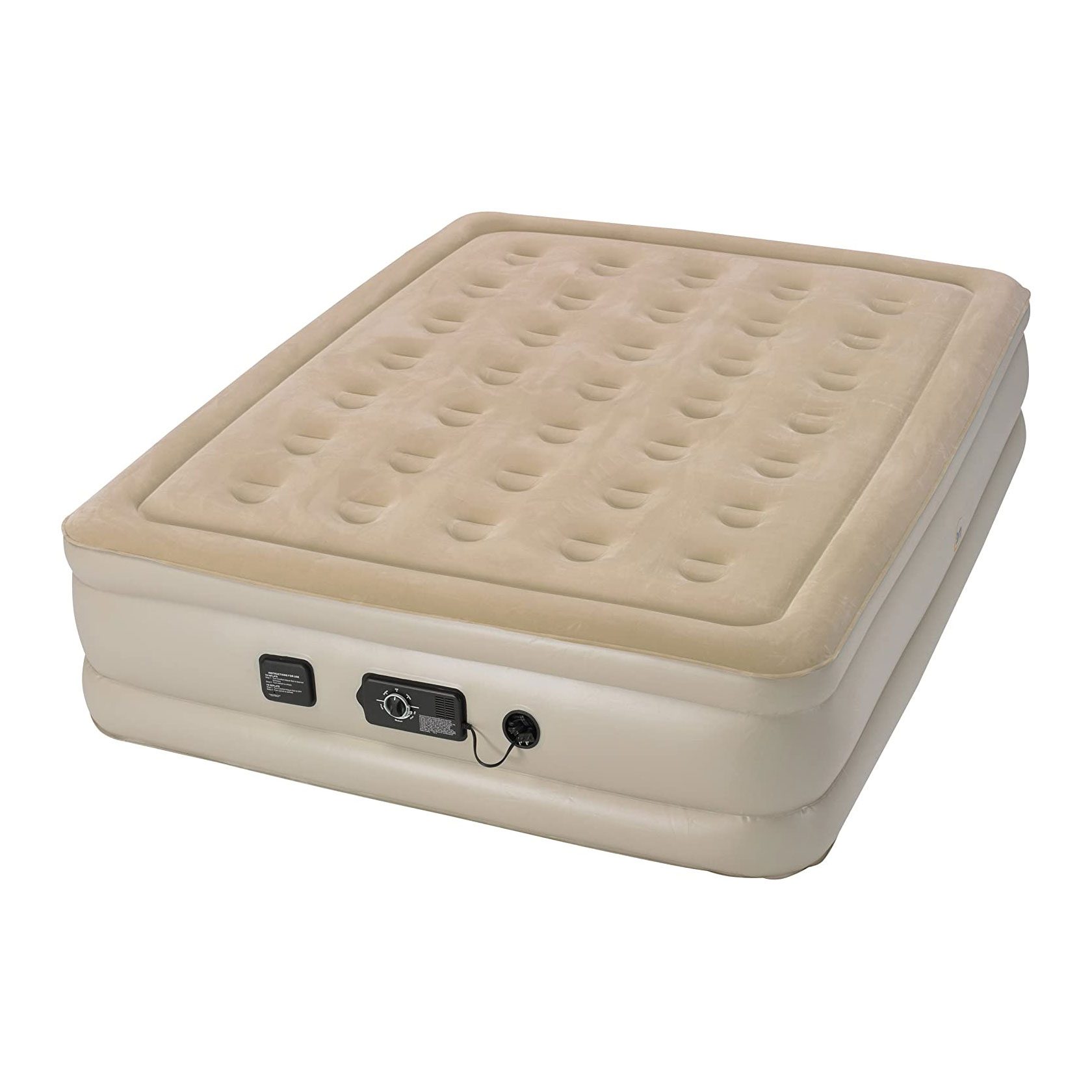 An air mattress rests on a surface, equipped with a control mechanism for inflation, featuring a soft, textured sleeping surface for comfort.