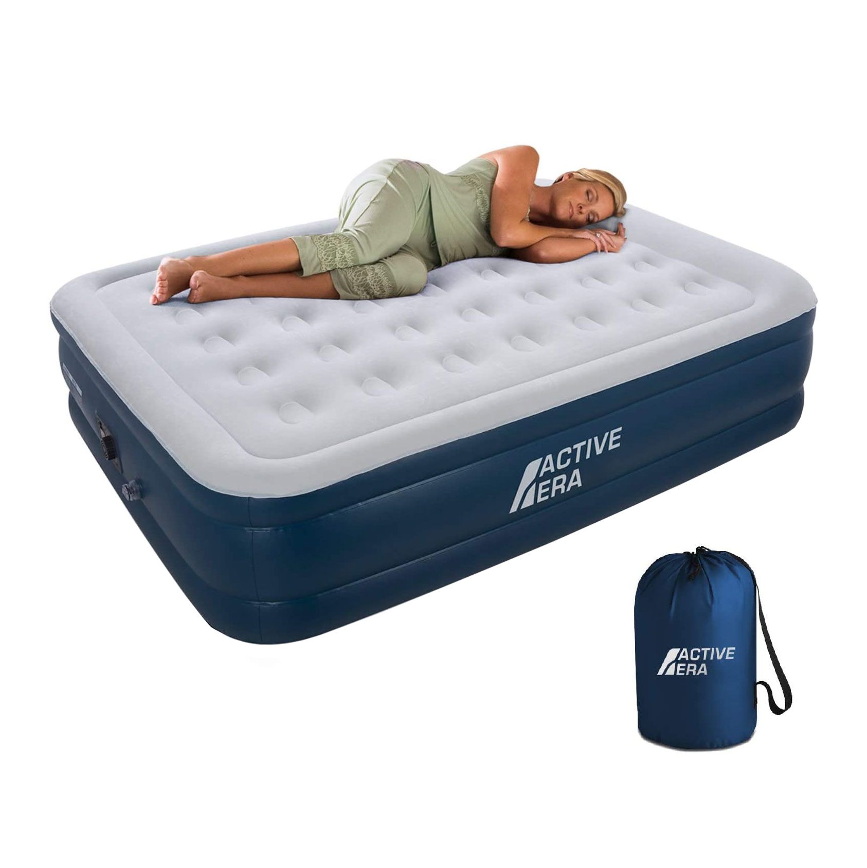 An inflatable mattress supports a person sleeping peacefully on it, set against a simple background. A carrying bag is placed beside the mattress.