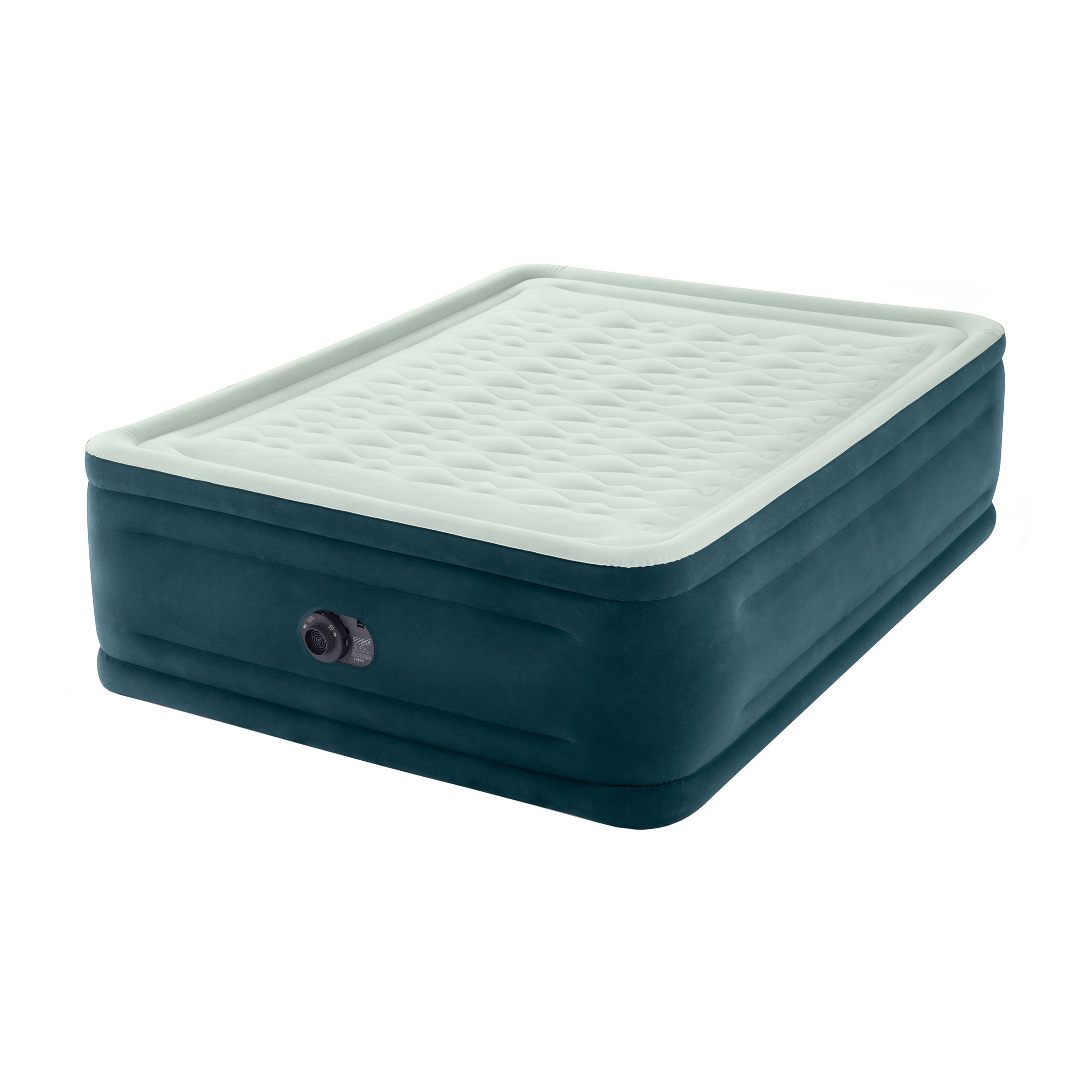 A dark green air mattress rests on a flat surface, featuring a textured cream-colored top. A black valve is visible on one side for inflation.