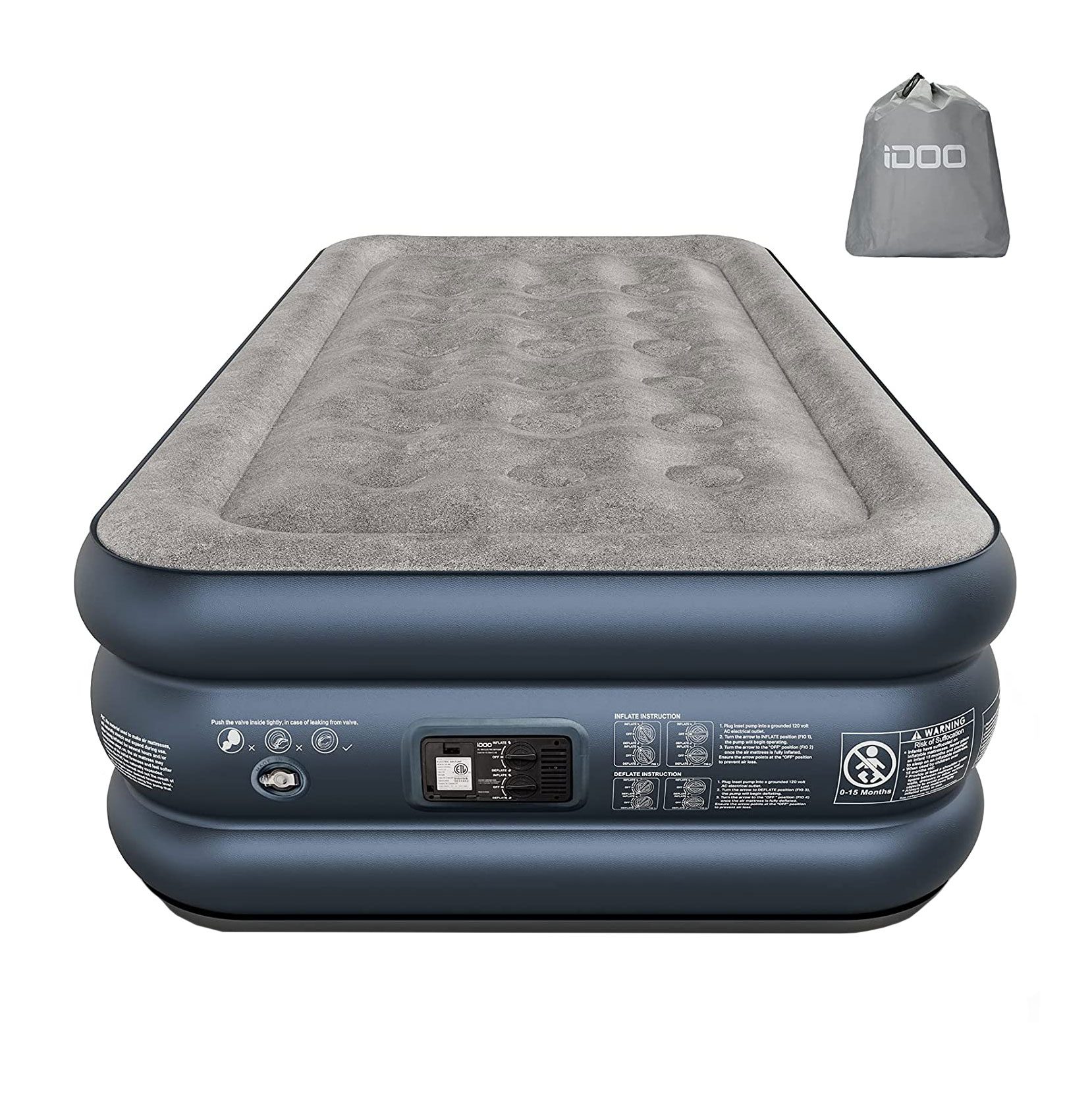 An inflatable air mattress rests flat, featuring a plush top and control panel. It is accompanied by a carrying bag in a neutral color.