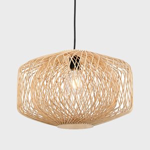 A woven pendant lamp hangs from the ceiling, illuminating its surroundings with a warm glow through its open design. The background is plain.