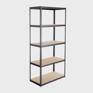 A metal shelving unit stands upright with five flat shelves, ready to hold items, set against a neutral gray background.