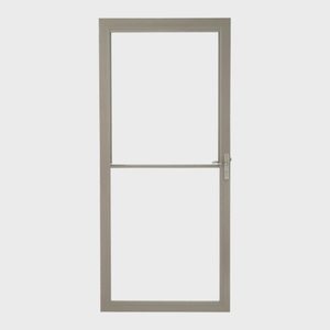 A tall, rectangular door stands upright, closed, featuring a horizontal bar for security. It is set against a plain, light background.