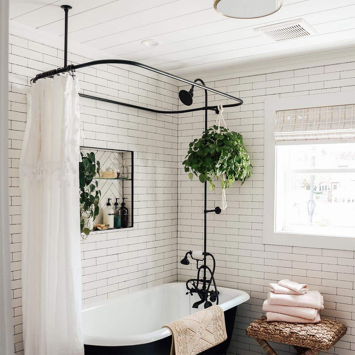 A black clawfoot bathtub features a hanging shower curtain rod and a potted plant overhead, surrounded by white tiled walls and natural light from a window.