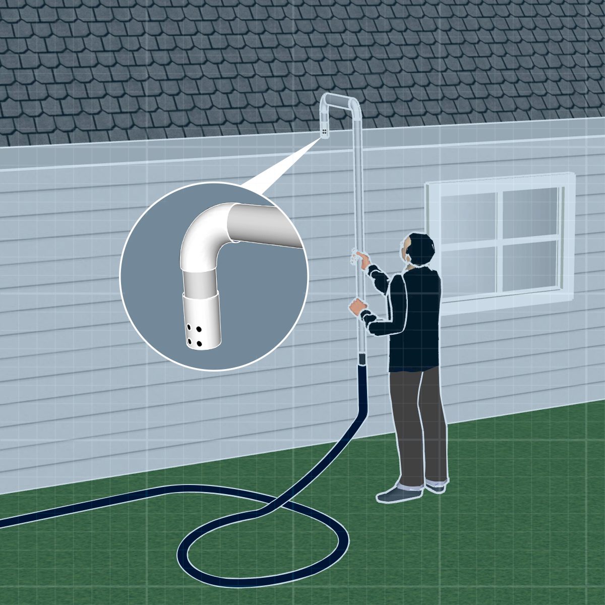 A person uses a long hose attached to an elevated cleaning tool, positioned beside a textured wall under a sloped roof.