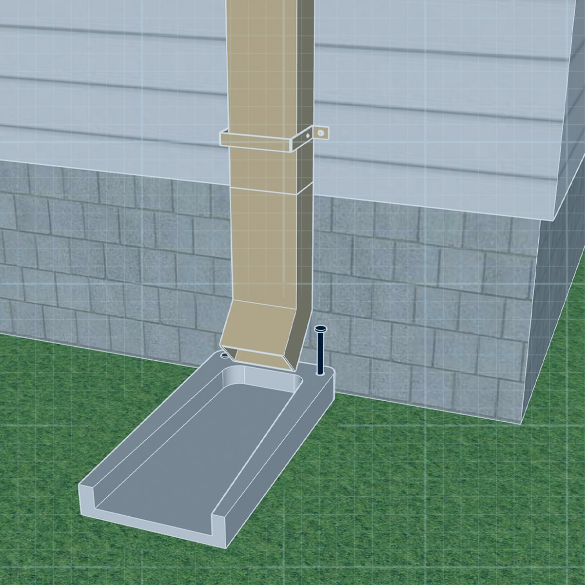 A downspout directs rainwater into a drainage tray on grass beside a stone foundation, with a vertical support pipe nearby.