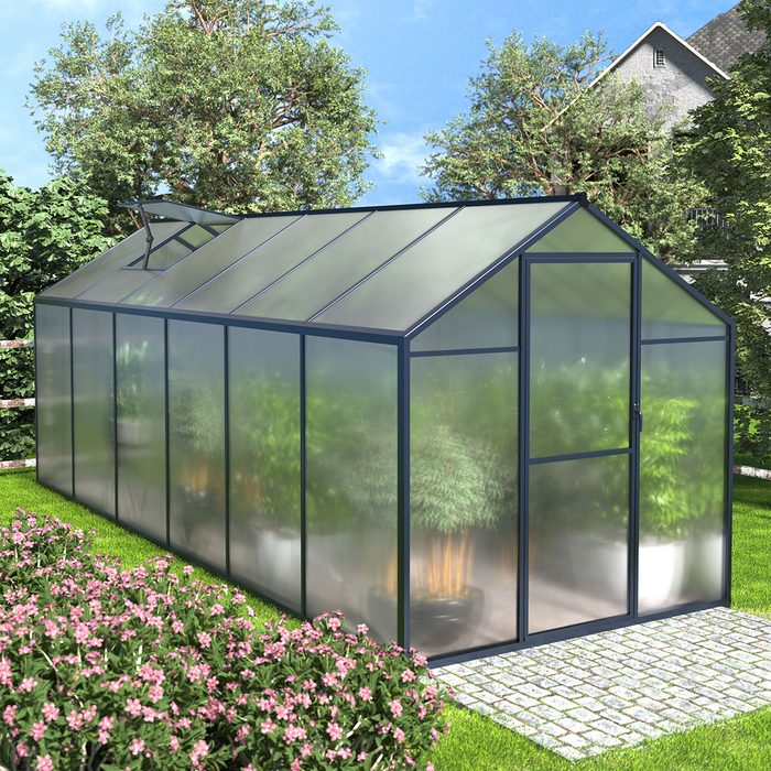 A greenhouse stands in a garden, filled with plants, surrounded by grass and flowers, under a clear blue sky. The entrance is visible.