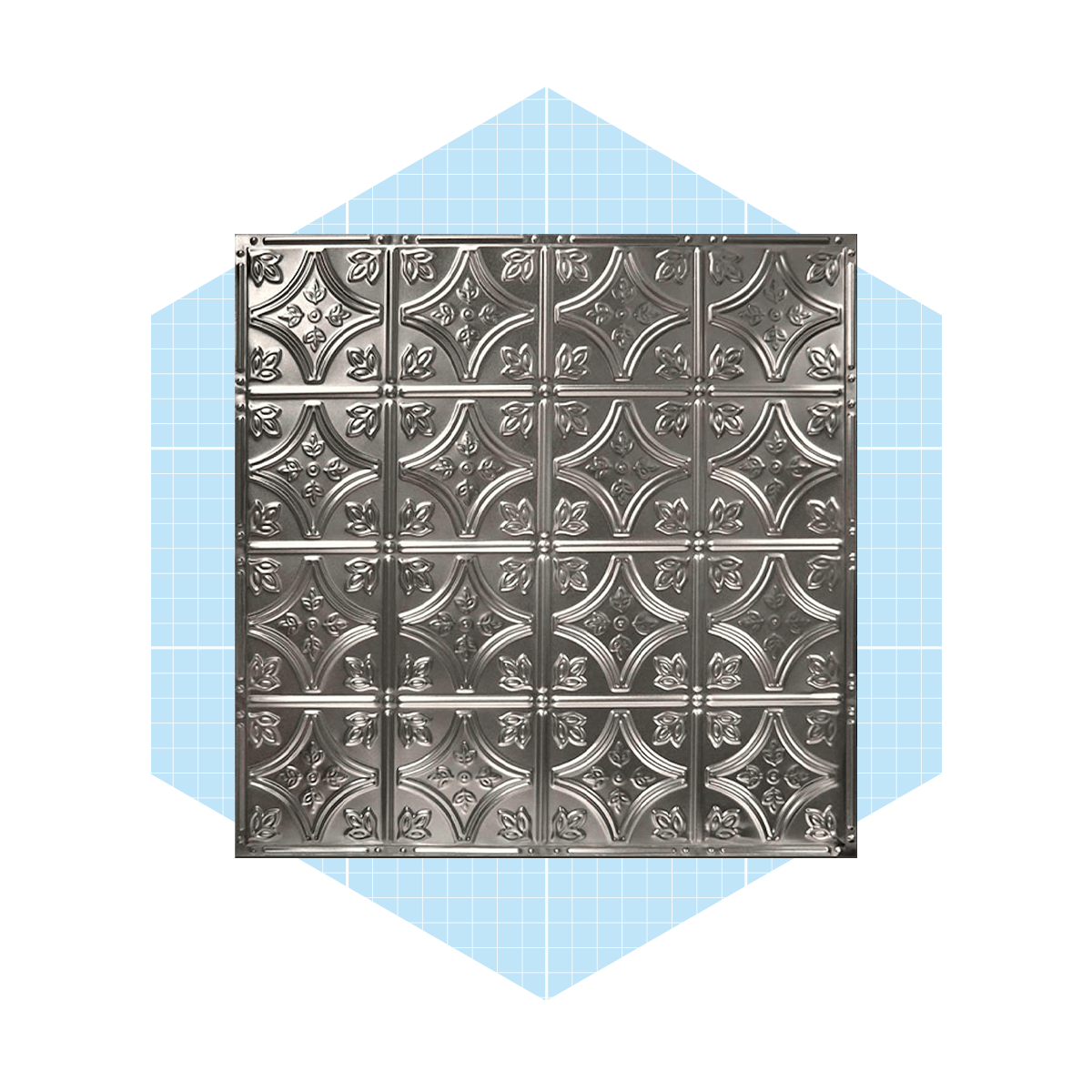 A metal ceiling tile exhibits an ornate pattern of flowers and shapes, set against a light blue grid background, suggesting a decorative design element.