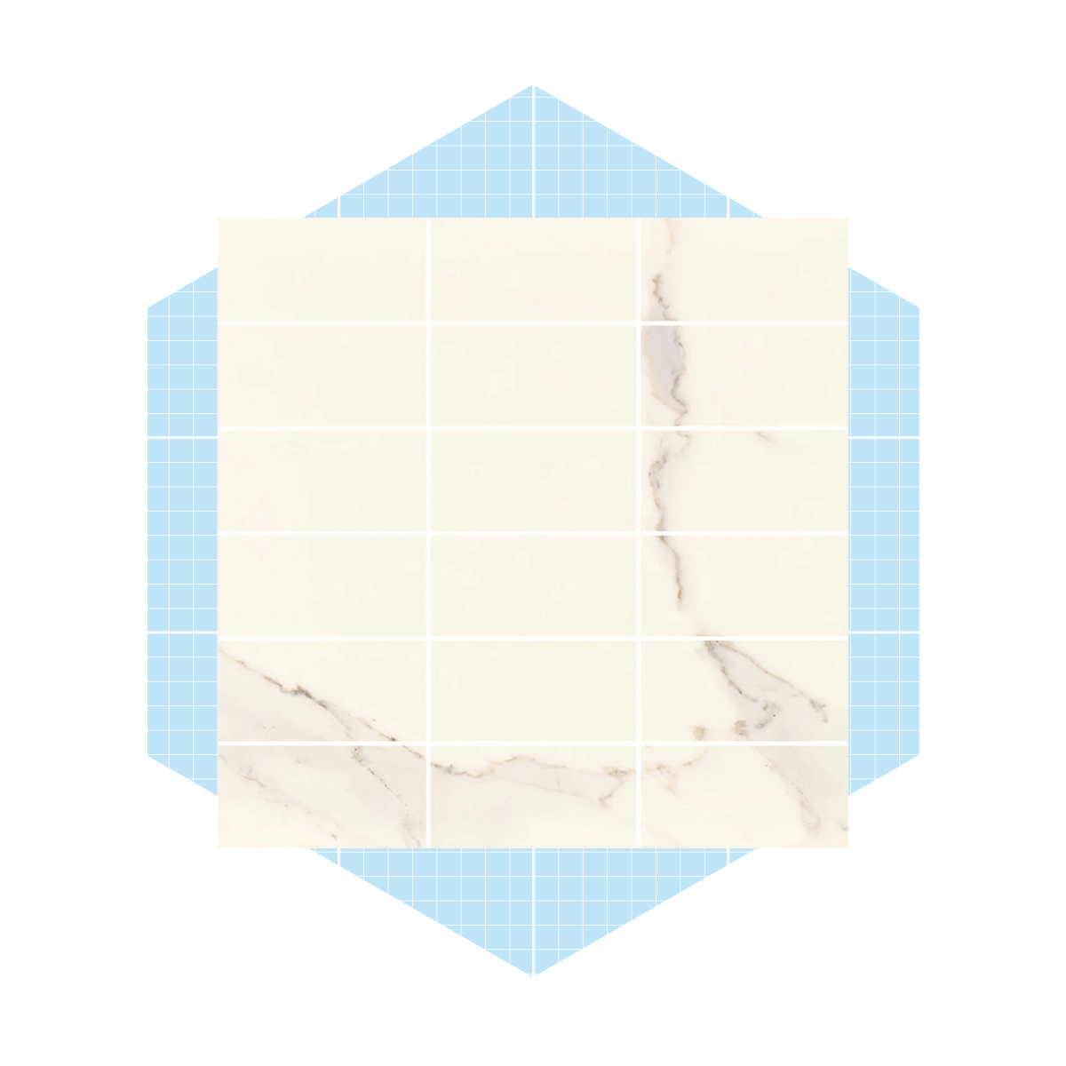 A hexagonal grid displays a marble tile pattern segmented into squares, surrounded by a blue grid background, emphasizing the tile design.