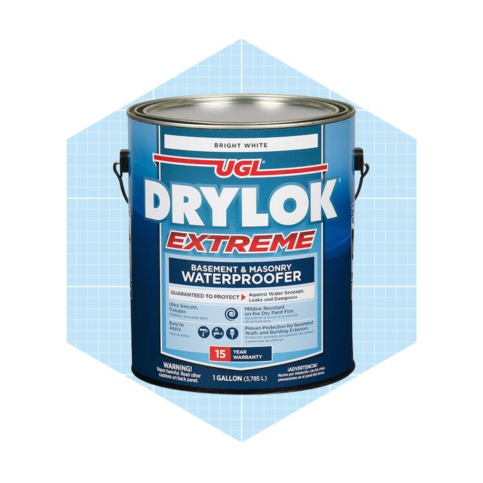 A blue paint can labeled 