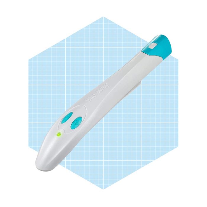 A white pen-like object with turquoise accents sits on a light blue grid background, featuring buttons and a green indicator light on its side.