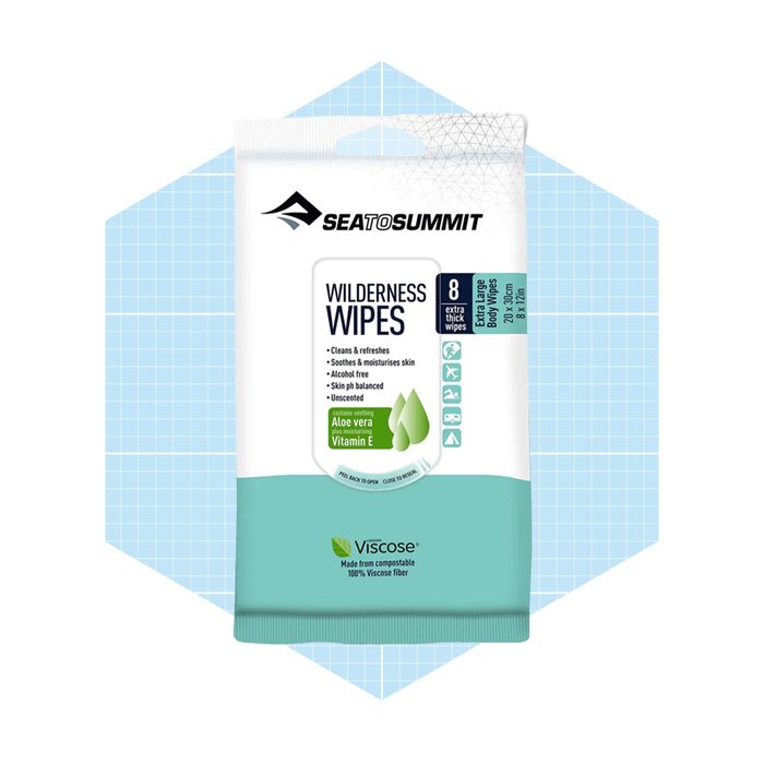 A pack of moisture wipes cleans and refreshes skin. The package displays benefits and ingredients, set against a light blue geometric background.