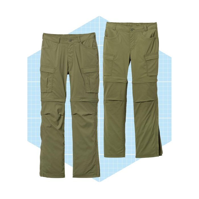 Olive green cargo pants displayed front and back, featuring multiple pockets and zippered sections, set against a light blue grid-patterned background.