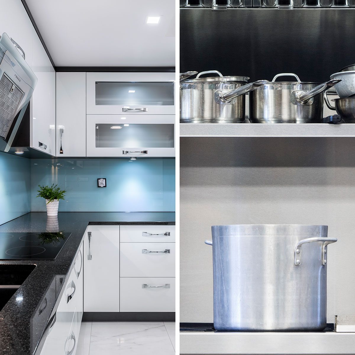 Silver cookware is arranged on shelves while a shiny countertop with a plant adds a modern touch to the sleek kitchen environment.