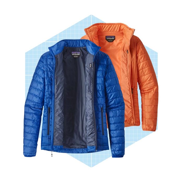 Two puffer jackets, one blue and one orange, displayed side-by-side on a light blue grid background, showcasing their insulated design and open fronts.