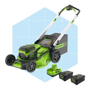 A green electric lawn mower with a battery pack is displayed against a light blue grid background. It features a self-propelled function and two additional batteries.