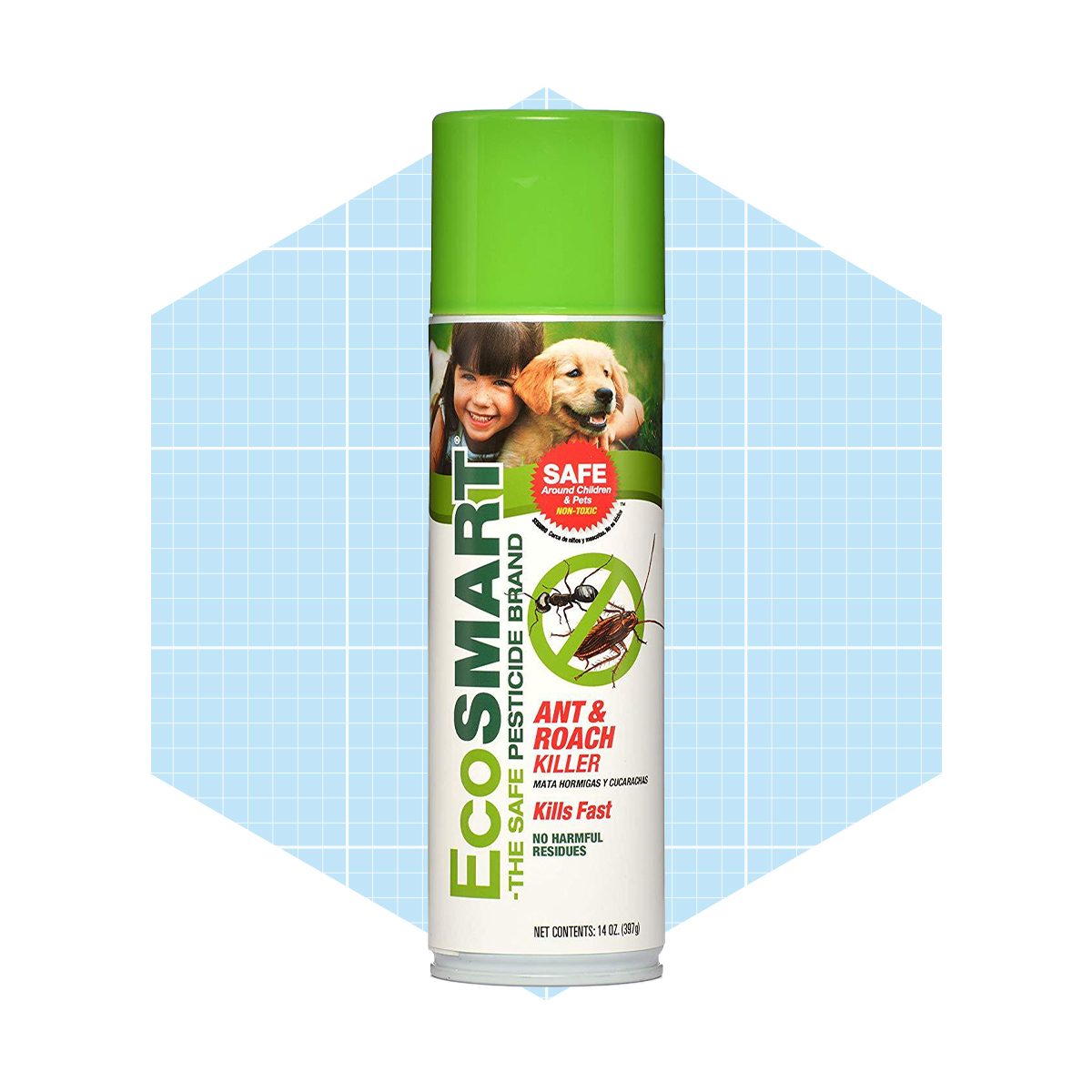 A can of EcoSMART ant and roach killer rests against a light blue background, featuring images of a girl and a puppy, emphasizing safety around pets and children.