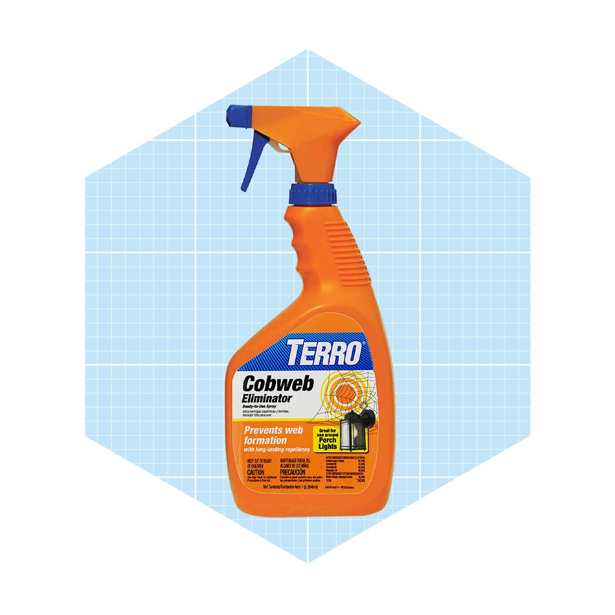 A spray bottle labeled "Terro Cobweb Eliminator" is positioned upright against a light blue grid background, designed to prevent spider web formation.