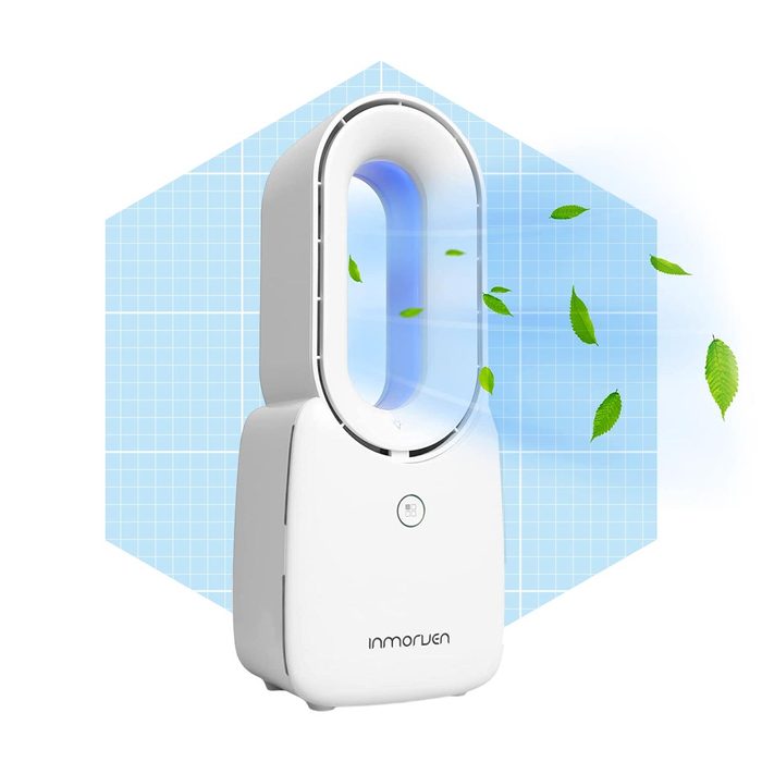 A modern air purifier expels airflow, surrounded by a grid pattern and animated leaves, indicating freshness and cleanliness in the environment.