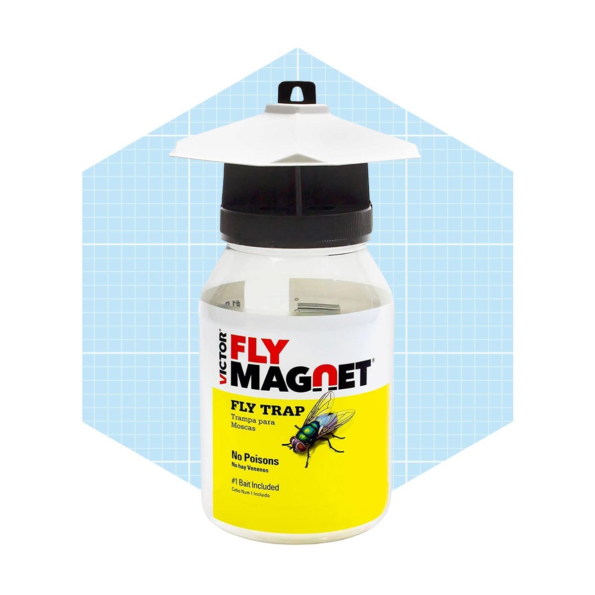A fly trap stands upright, designed to attract and capture flies, set against a light blue grid background.