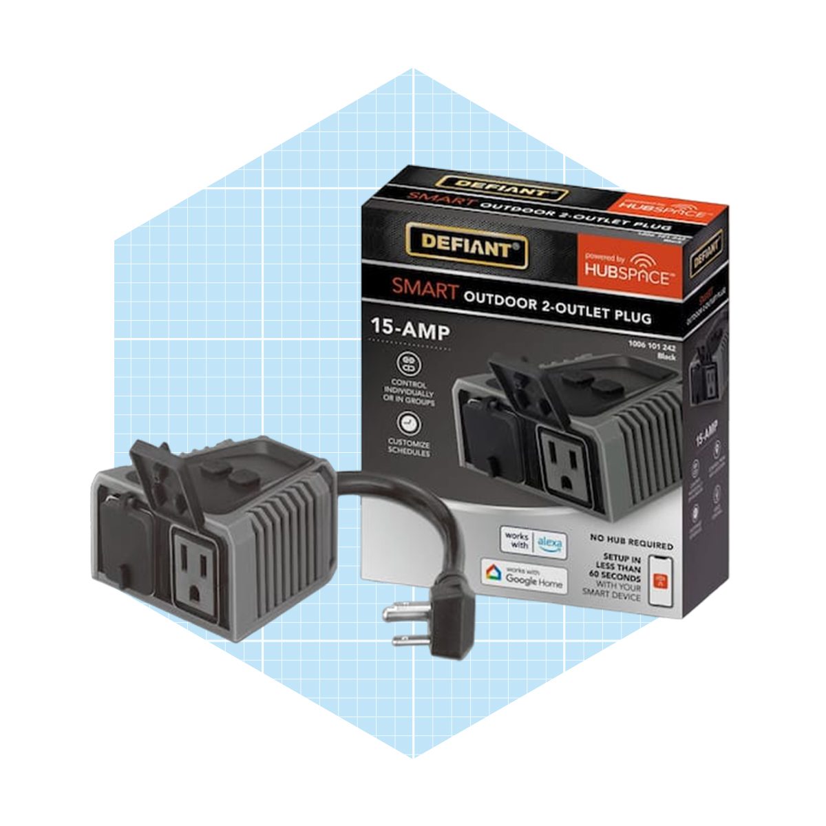 A smart outdoor plug with two outlets and a cord is displayed alongside its packaging, which includes features and branding details.