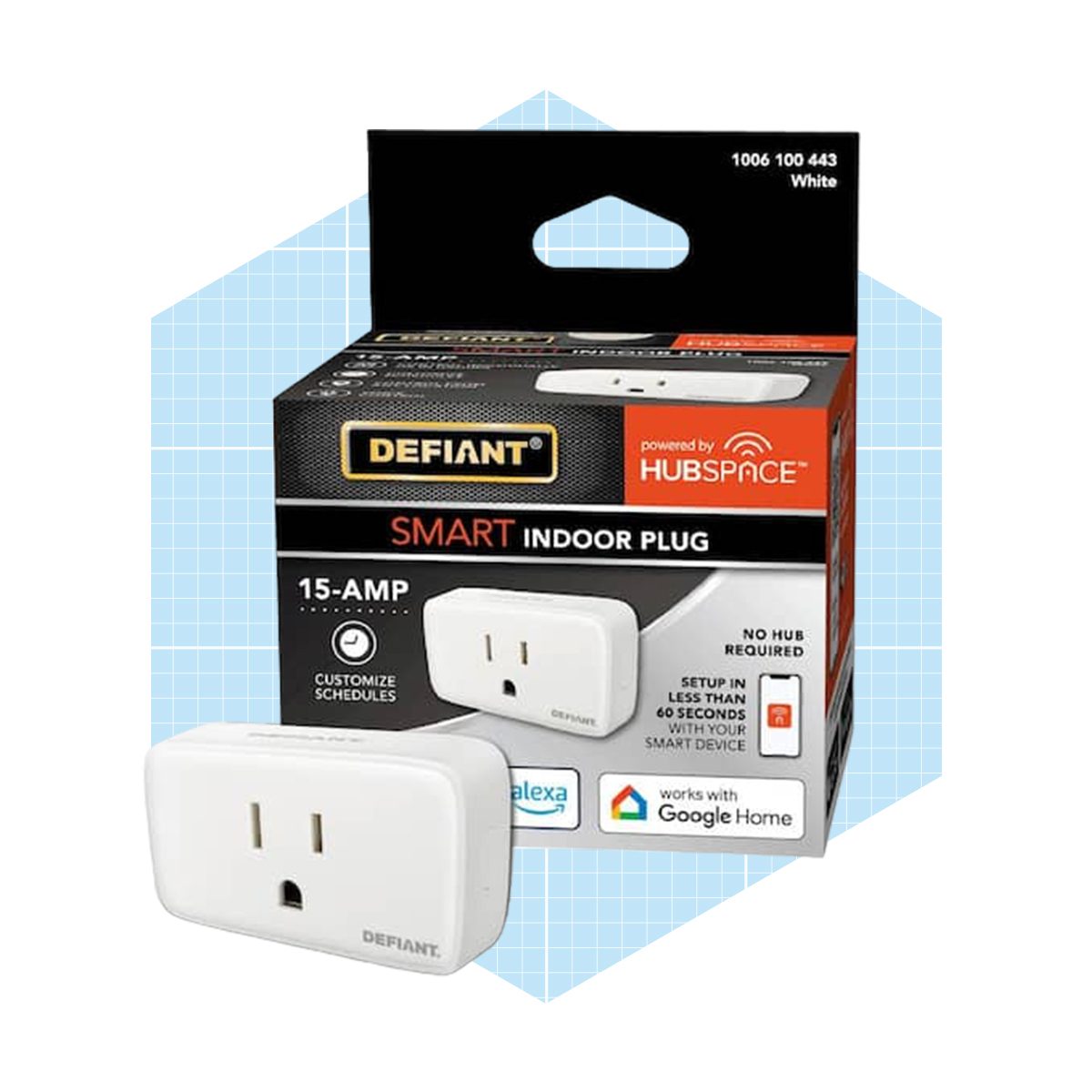 A smart indoor plug, displayed with its packaging, enables scheduling and is compatible with Alexa and Google Home for easy setup and use.