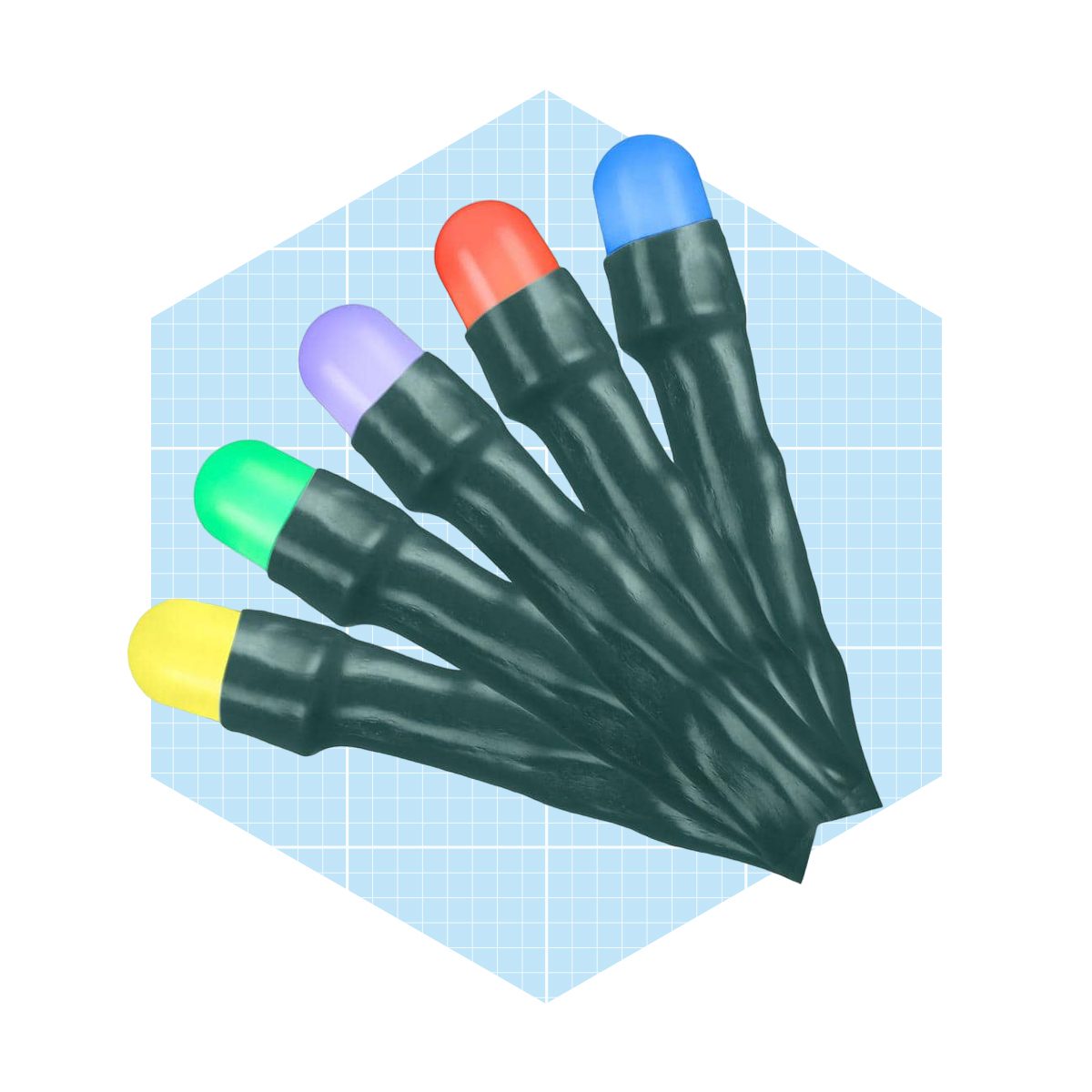 Five colorful highlighters are arranged in a fan pattern on a light blue grid background, showcasing their varying tip colors: red, blue, green, purple, yellow.