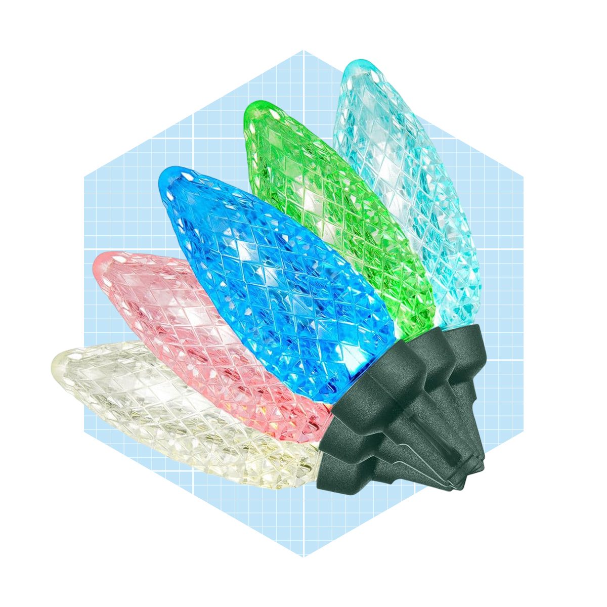 A cluster of five colorful, diamond-patterned light bulbs is arranged in a semi-circle. They rest on a black base against a blue grid background.