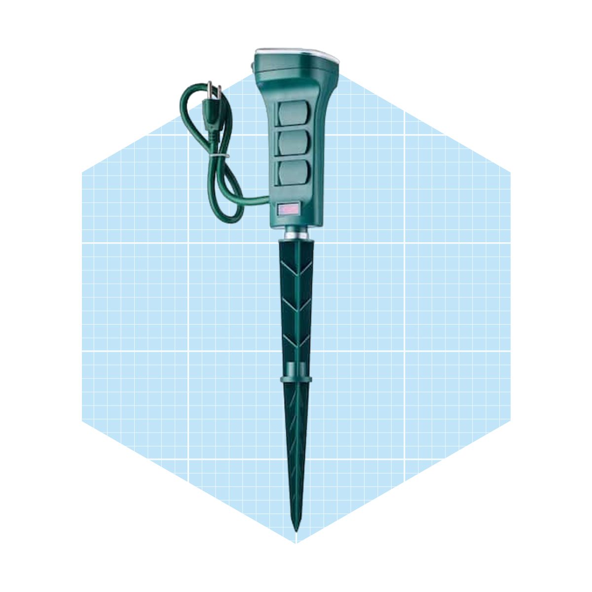 A green gardening tool with a pointed end connects to an electrical cord, designed for soil testing, set against a light blue grid background.