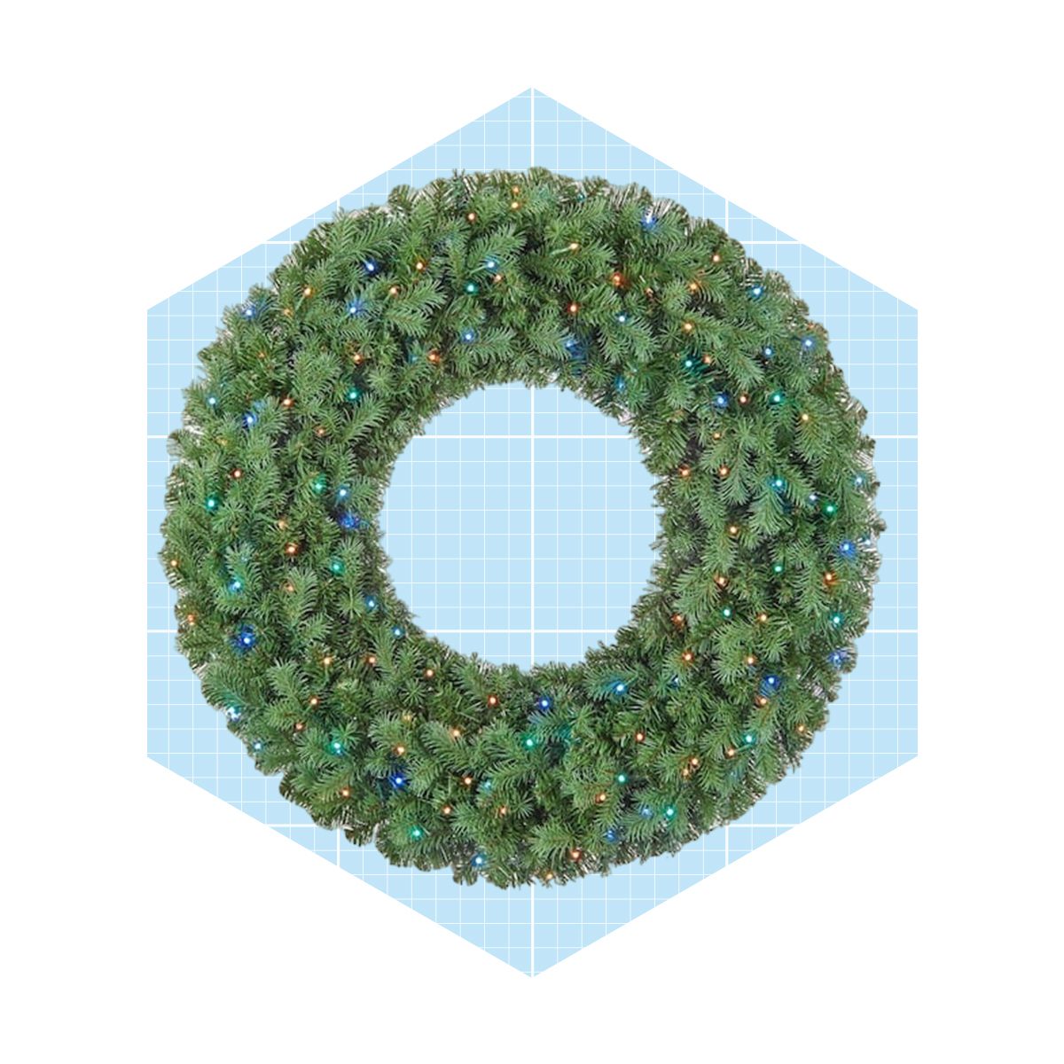 A circular green wreath adorned with colorful lights rests on a light blue checkered background, suggesting a festive decoration for a holiday setting.