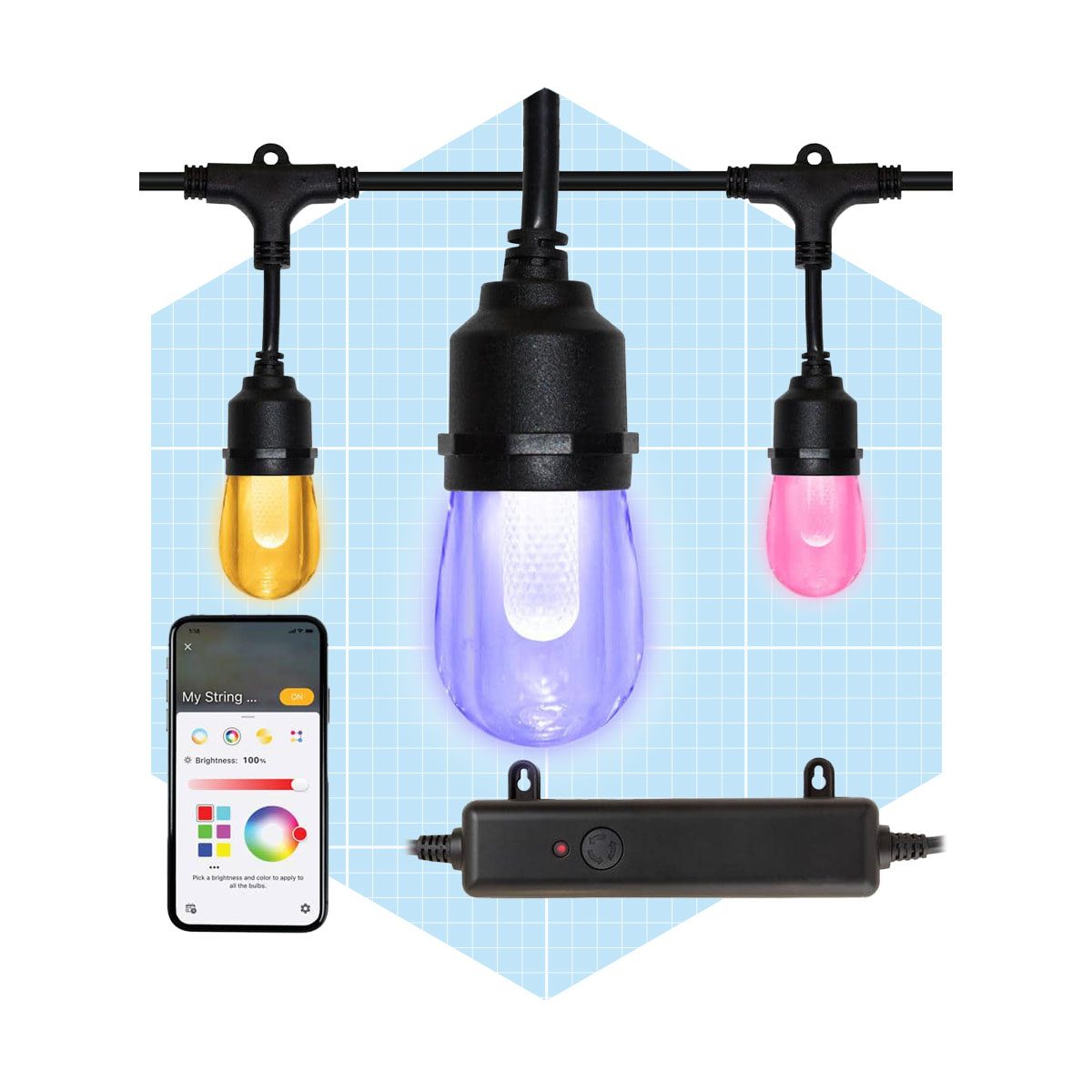 Three colorful hanging light bulbs are connected to a power source, while a smartphone displays a control interface for adjusting brightness and color settings.