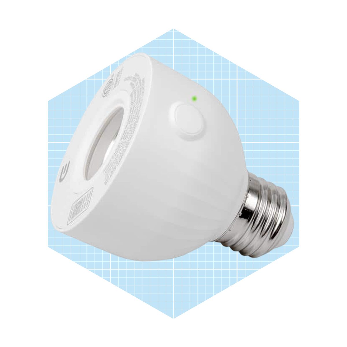 A light bulb is angled, suggesting it's ready for use, set against a light blue grid background, indicating a modern or technical context.