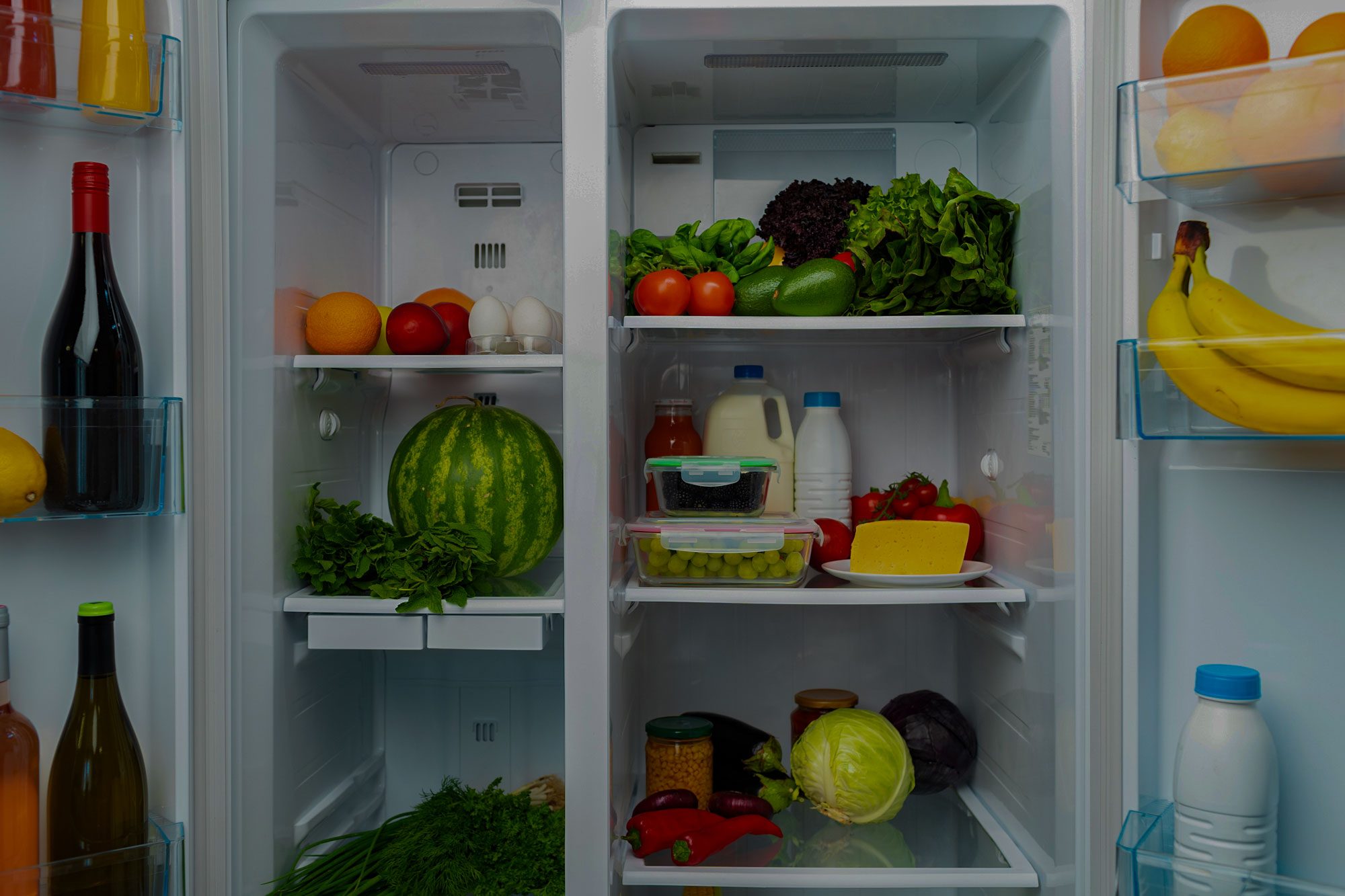 Open Fridge Full Of Fruits, Vegetables And Drinks