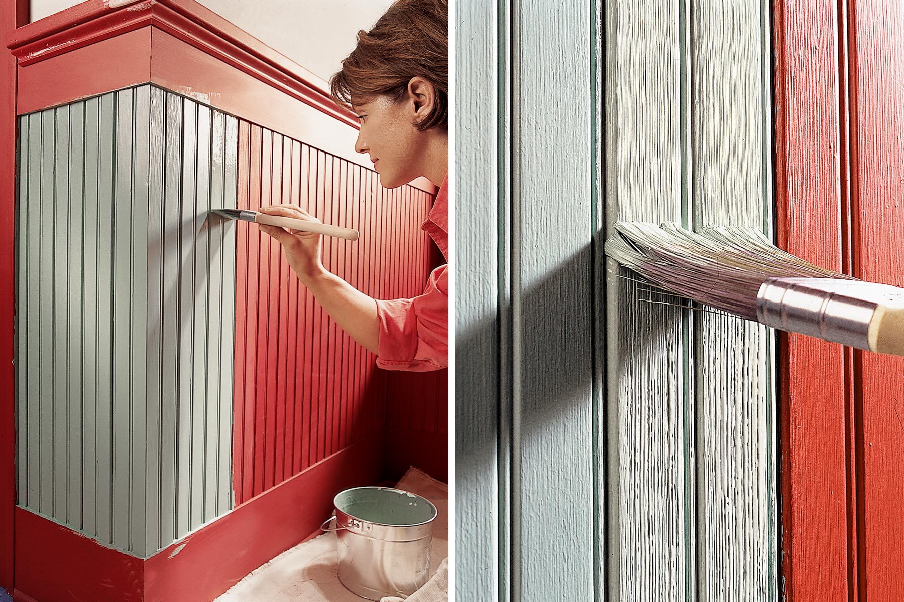 A woman paints a vertical, paneled wall with a brush, applying a soft green color next to a vibrant red area, over a drop cloth and paint bucket.