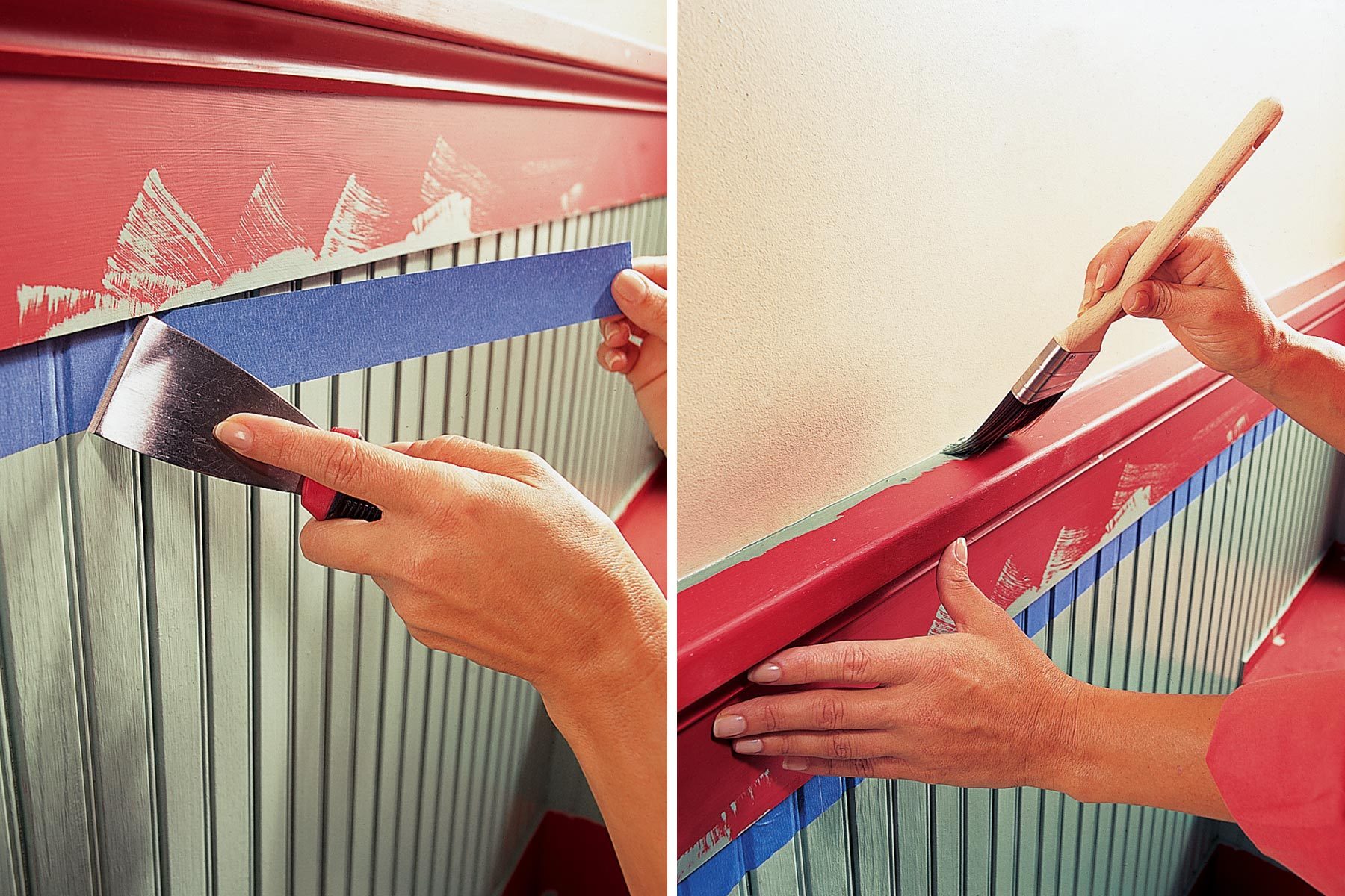 Hands are applying painter's tape and using a brush to paint a decorated wall edge in a room with light-colored walls and a patterned border.