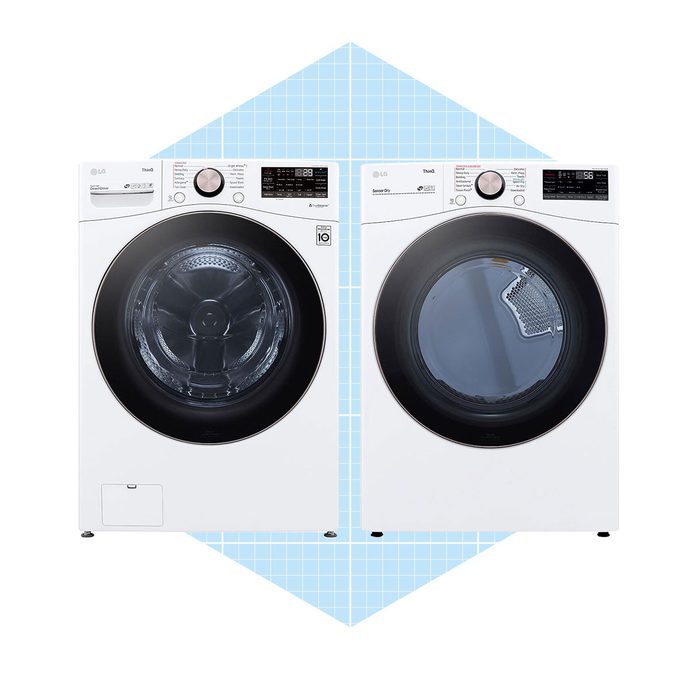 Two white laundry machines sit side by side on a light blue geometric background, displaying controls and transparent doors, suggesting functionality in a laundry environment.