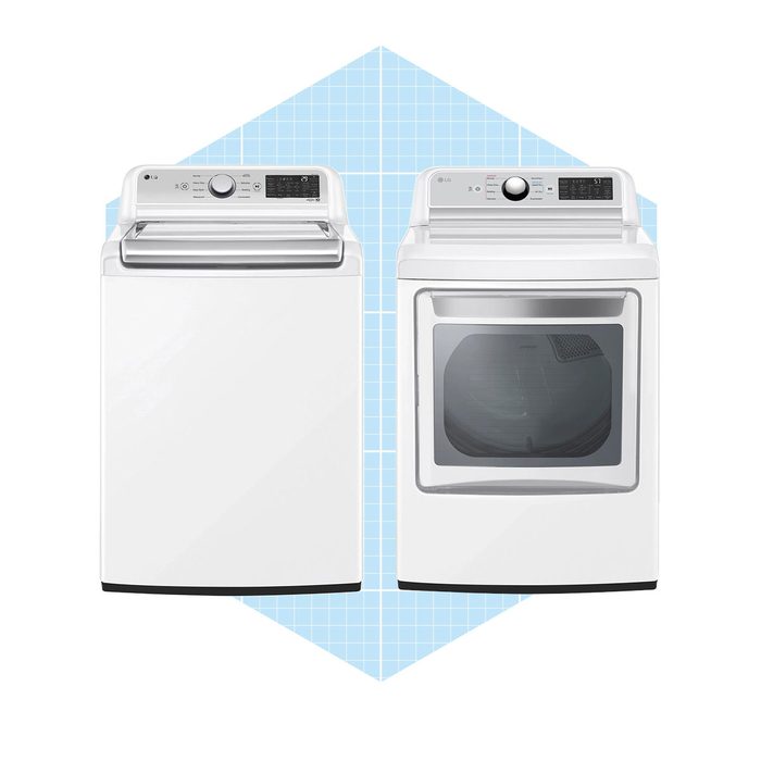 Two white appliances, a top-loading washing machine and a front-loading dryer, are displayed against a light blue geometric background.