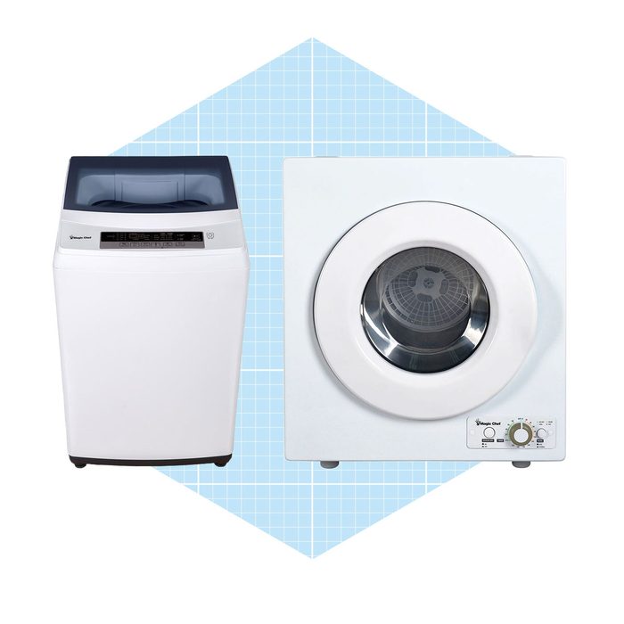 Two white appliances are displayed: a top-loading washing machine on the left and a front-loading dryer on the right, set against a light blue grid background.