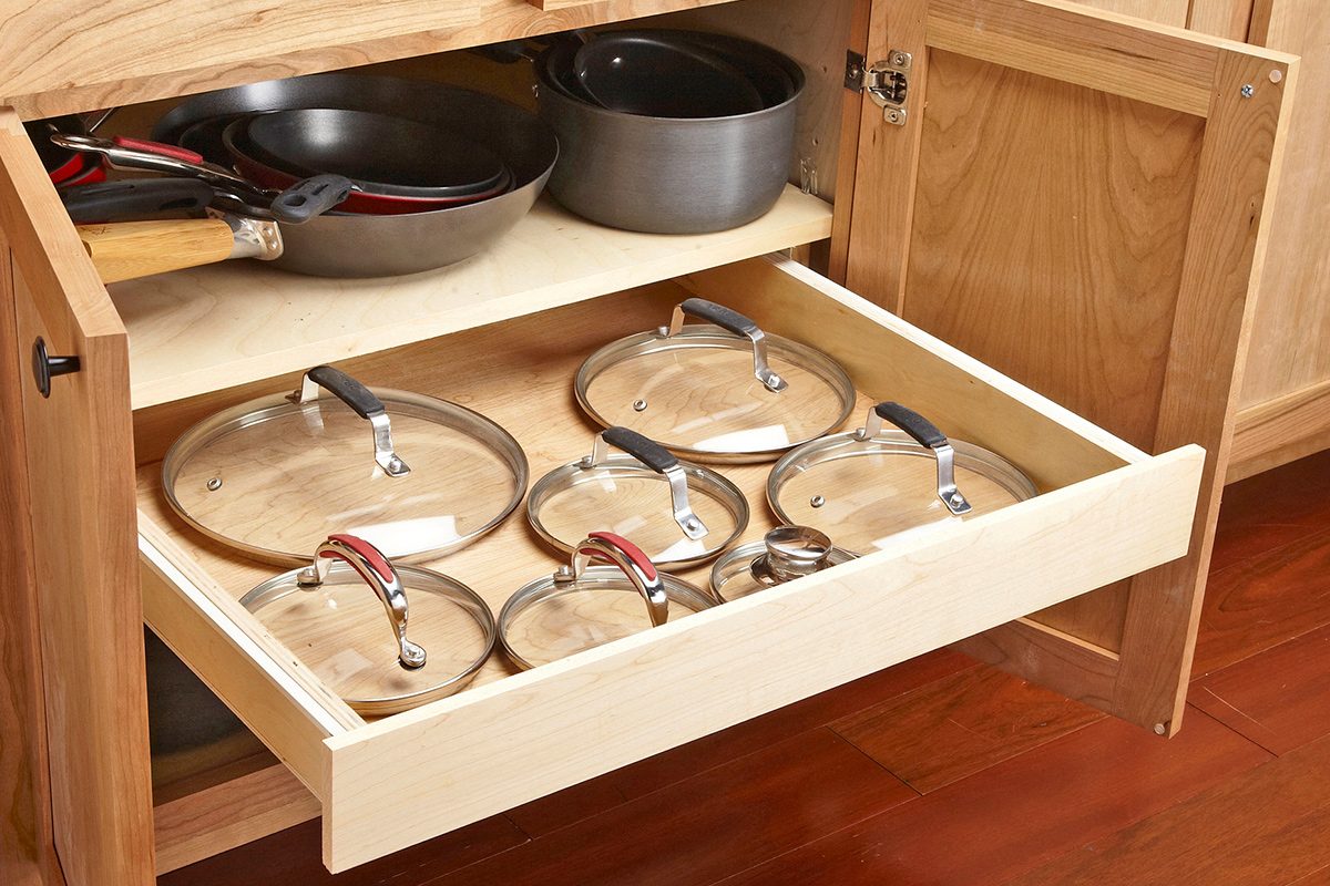 Easy Diy Projects To Increase Kitchen Cabinet And Drawer Storage Rollout Drawer for Lids